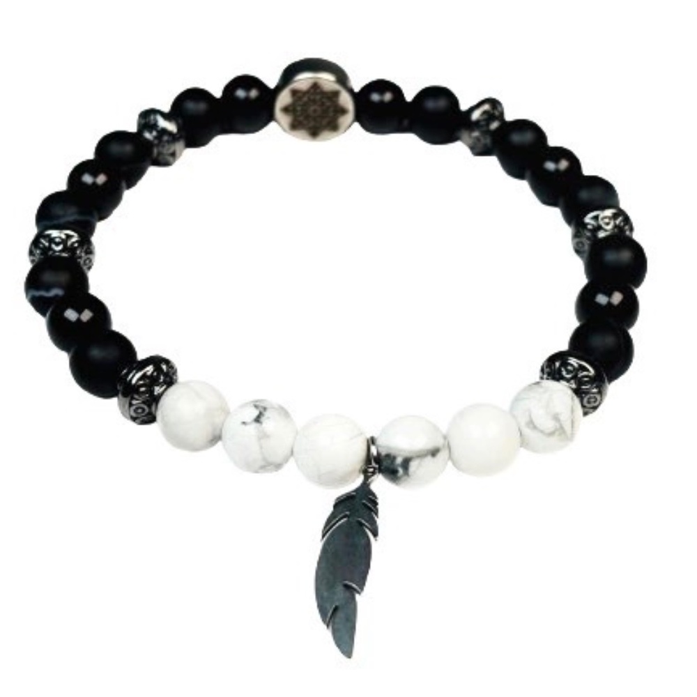 Fashion Feather Men Bracelet - Howlite & Onyx Beads - Feather Charm
